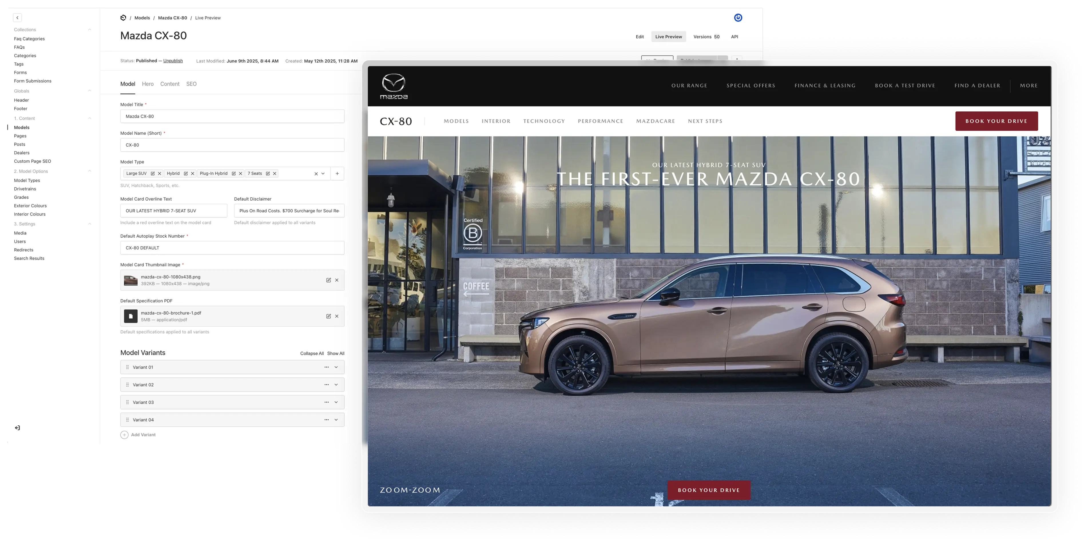 Mazda's Homepage screenshot on overlayed over a screenshot of that page in Payload