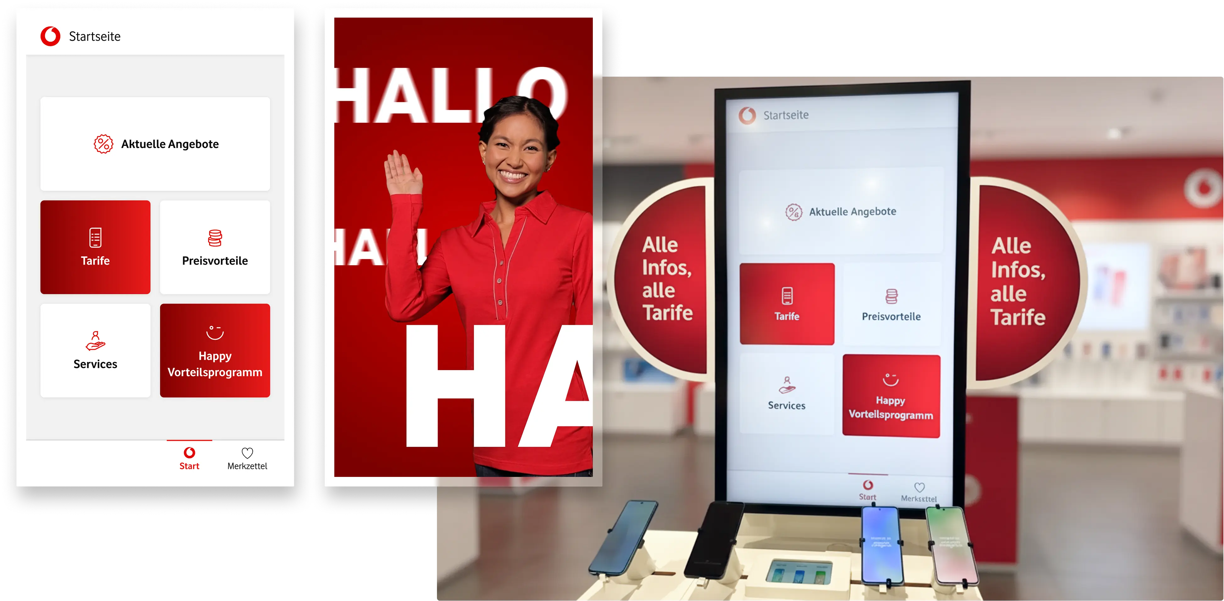 a red kiosk screensaver and dashboard design overlayed over an in-store mockup